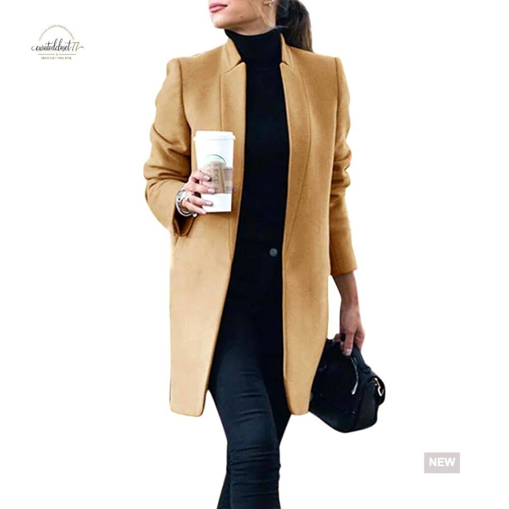 Wool Pea Coat Long Blazer Jacket with Pockets Fall Winter Overcoat